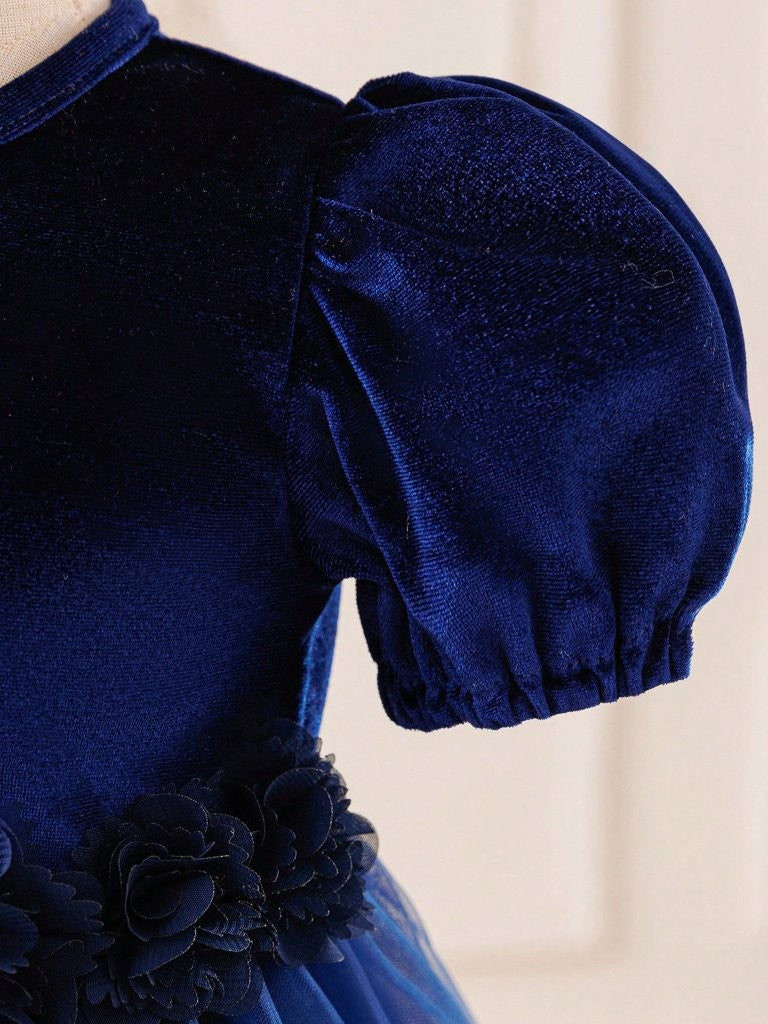Baby Navy Blue Velvet Flower Waist Tulle Dress