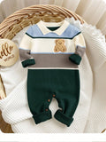 Baby Teddy Print Colour block Knitted Jumpsuit