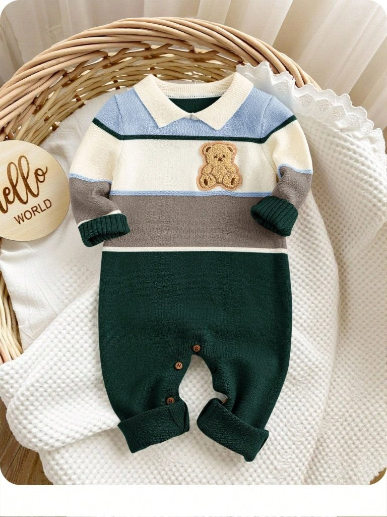 Baby Teddy Print Colour block Knitted Jumpsuit
