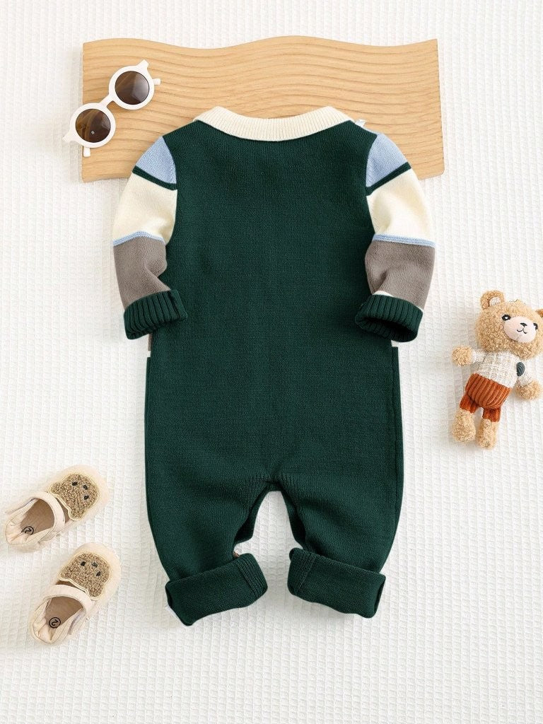 Baby Teddy Print Colour block Knitted Jumpsuit