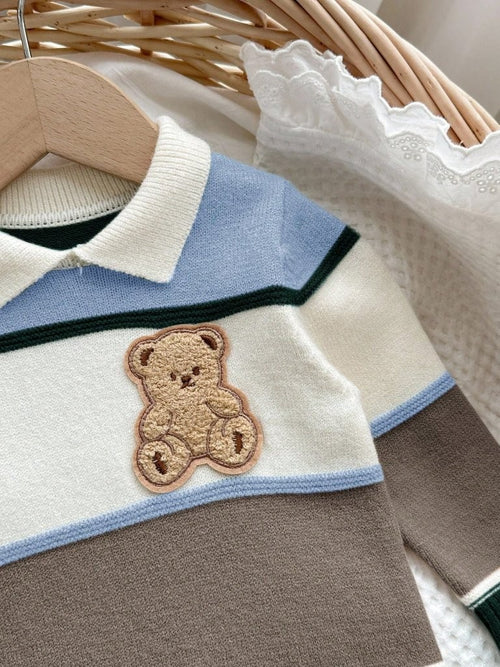 Baby Teddy Print Colour block Knitted Jumpsuit