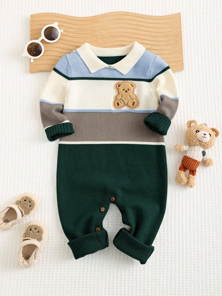 Baby Teddy Print Colour block Knitted Jumpsuit