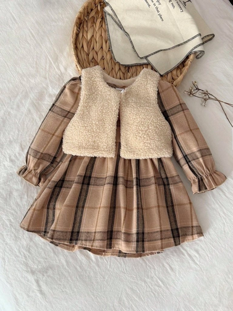 Baby Vintage Plaid Dress With Faux Fur Vest
