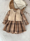 Baby Vintage Plaid Dress With Faux Fur Vest