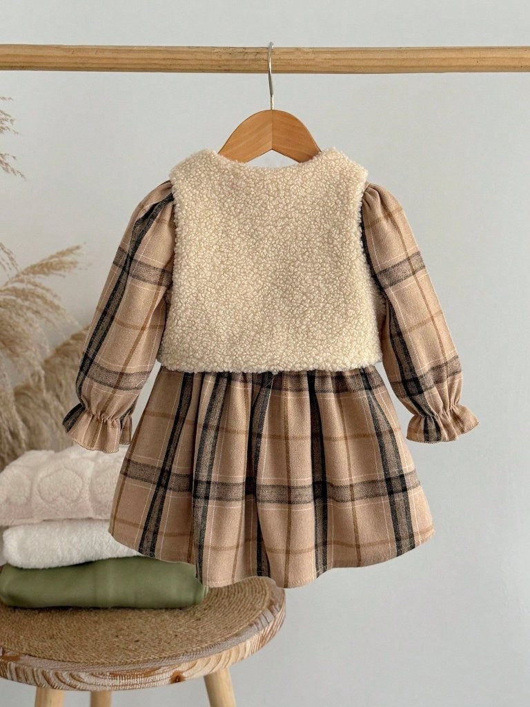 Baby Vintage Plaid Dress With Faux Fur Vest