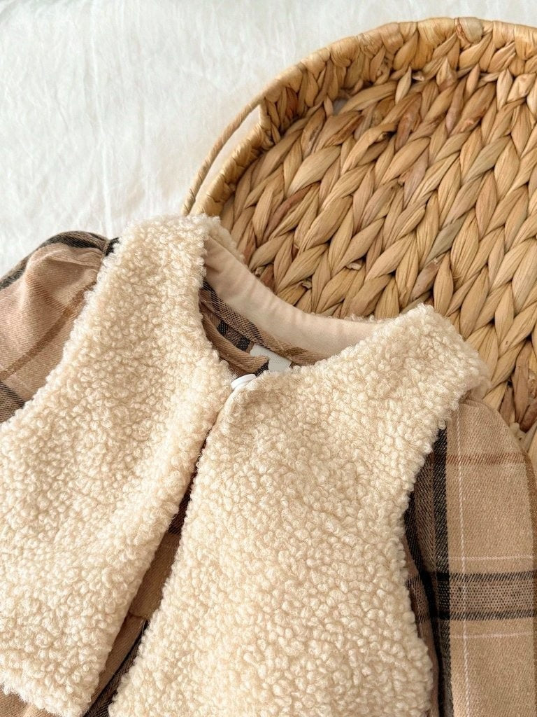 Baby Vintage Plaid Dress With Faux Fur Vest