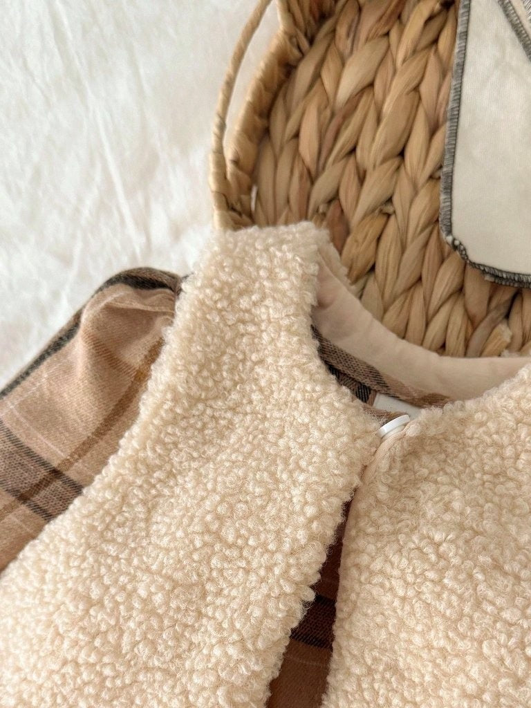 Baby Vintage Plaid Dress With Faux Fur Vest
