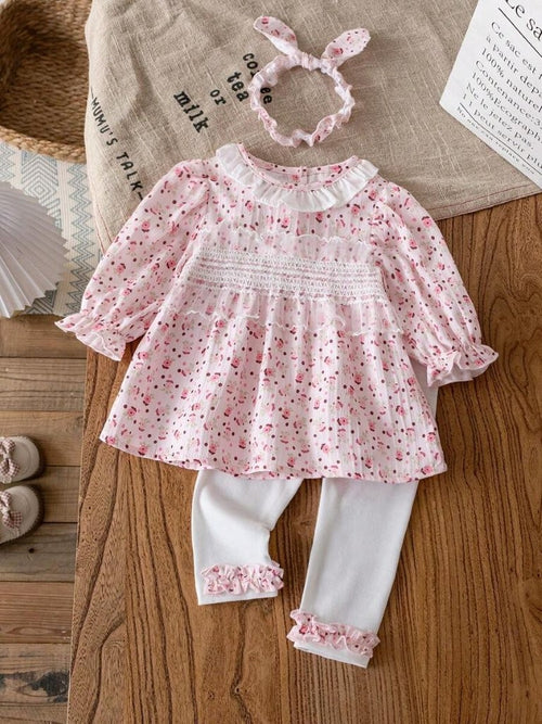 Baby 3 Piece Spring Flower Pattern Top With Leggings Set
