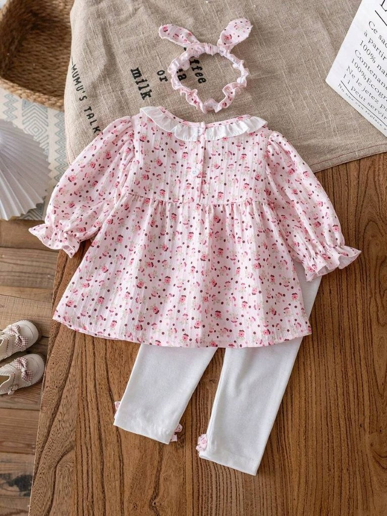 Baby 3 Piece Spring Flower Pattern Top With Leggings Set
