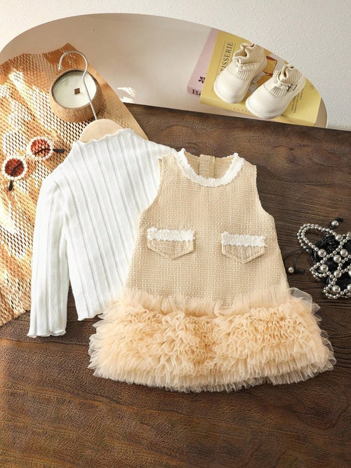 Baby 2 Piece Elegant Tweed Mesh Dress Set Khaki