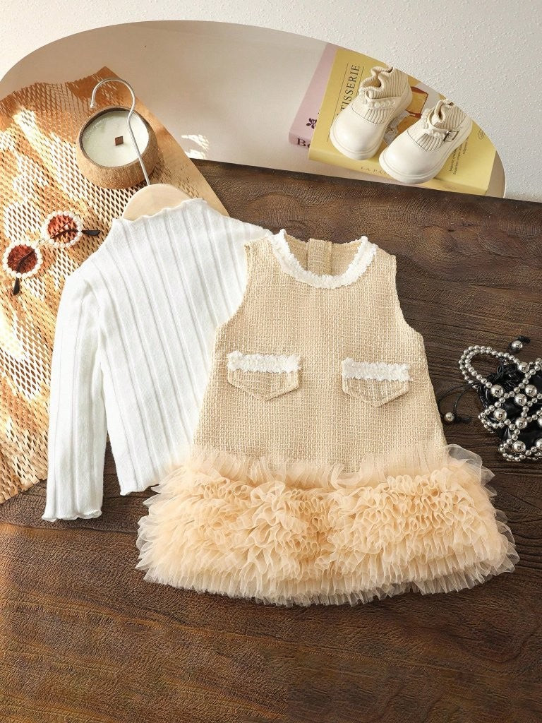 Baby 2 Piece Elegant Tweed Mesh Dress Set Khaki