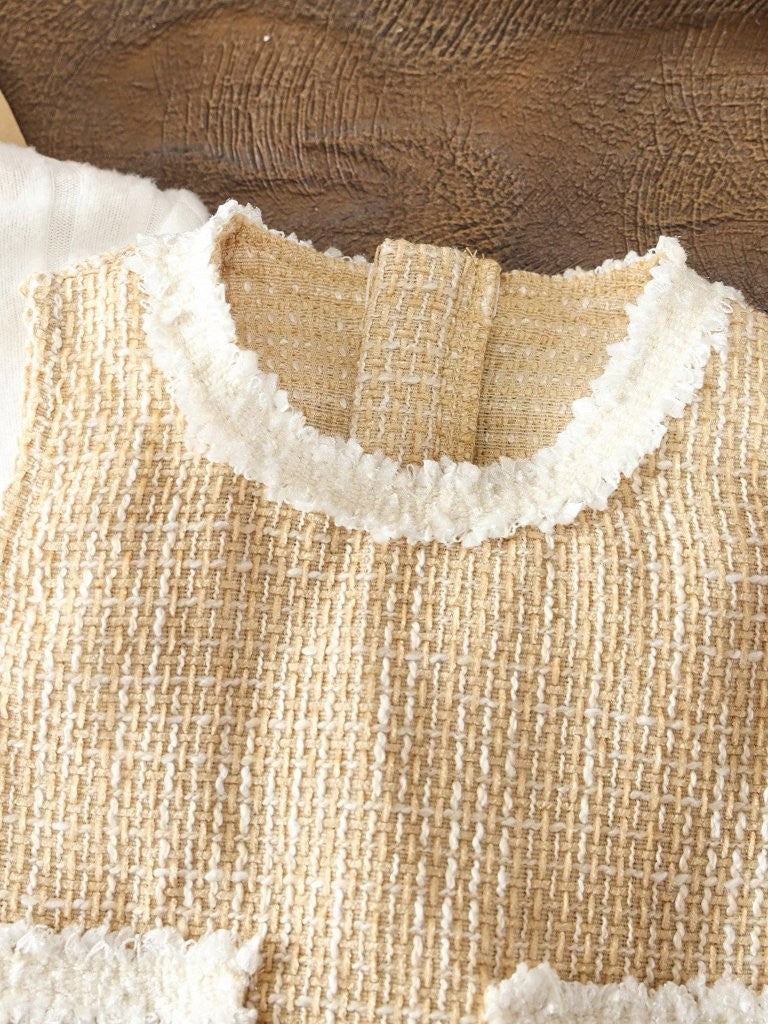 Baby 2 Piece Elegant Tweed Mesh Dress Set Khaki