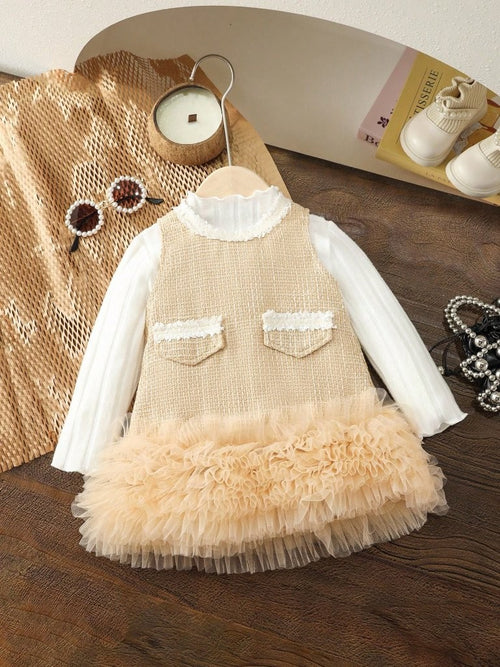 Baby 2 Piece Elegant Tweed Mesh Dress Set Khaki