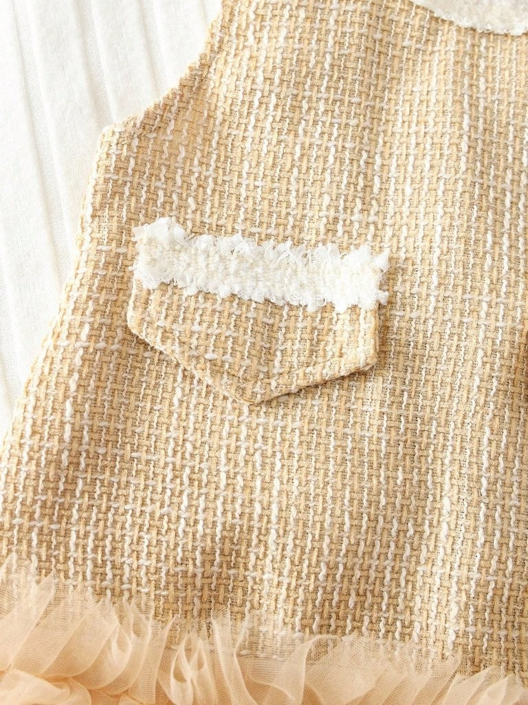 Baby 2 Piece Elegant Tweed Mesh Dress Set Khaki
