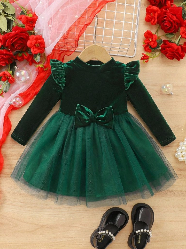 Baby Green Elegant Velvet Long Sleeve Tulle Dress