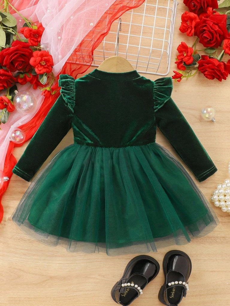 Baby Green Elegant Velvet Long Sleeve Tulle Dress