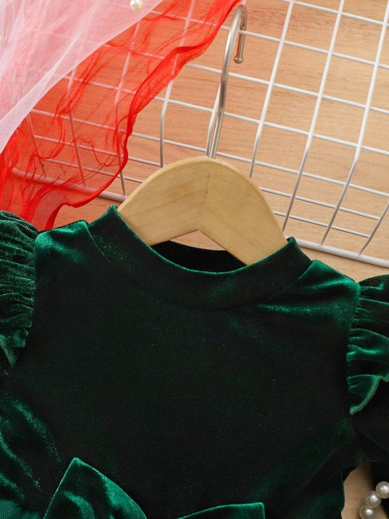 Baby Green Elegant Velvet Long Sleeve Tulle Dress