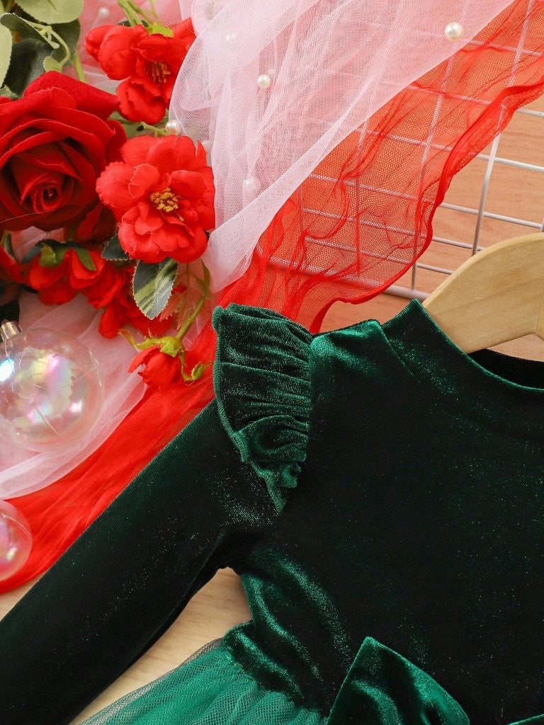Baby Green Elegant Velvet Long Sleeve Tulle Dress