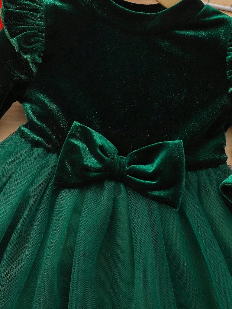 Baby Green Elegant Velvet Long Sleeve Tulle Dress
