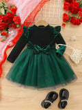 Baby Green Elegant Velvet Long Sleeve Tulle Dress