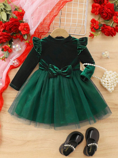 Baby Green Elegant Velvet Long Sleeve Tulle Dress