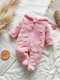 Baby Pink Bow Pattern Fluffy Hooded Jumpsuit
