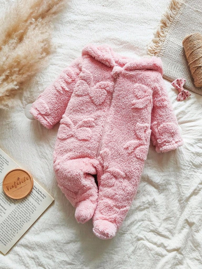 Baby Pink Bow Pattern Fluffy Hooded Jumpsuit