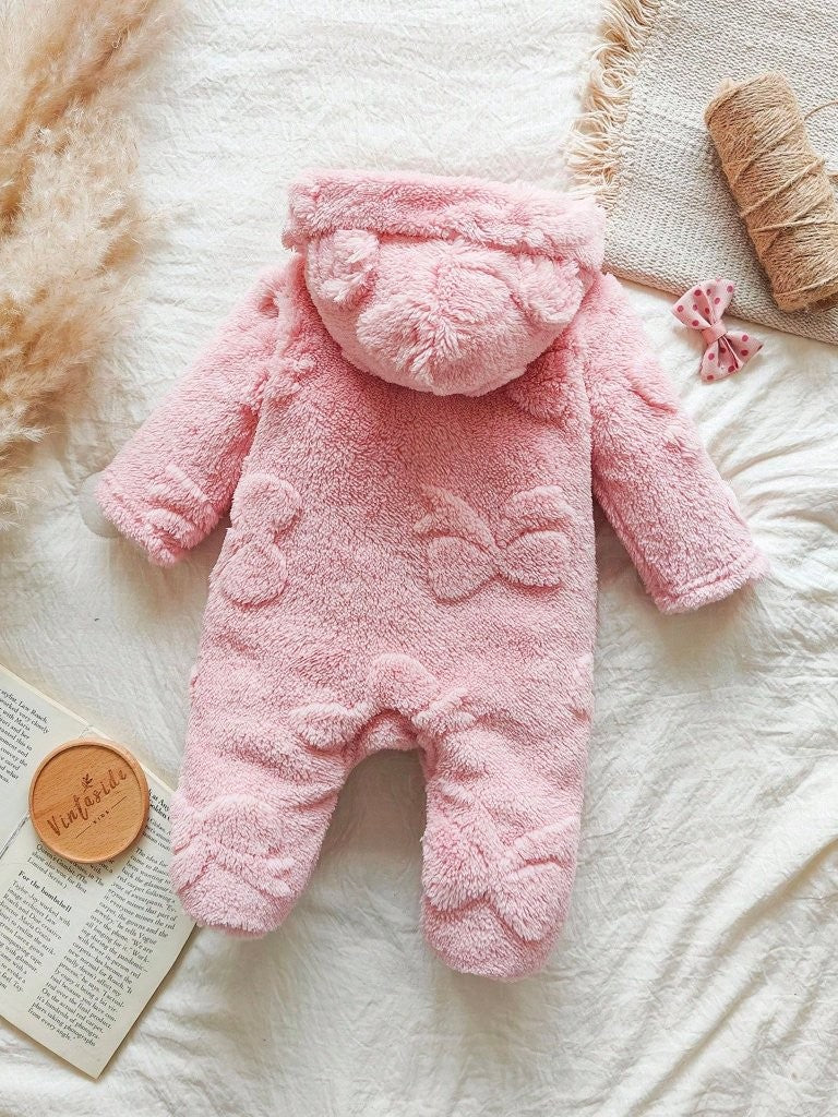 Baby Pink Bow Pattern Fluffy Hooded Jumpsuit