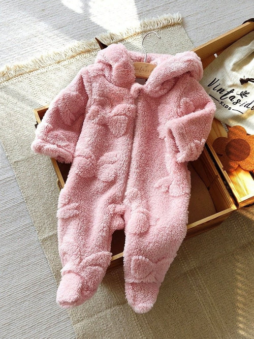 Baby Pink Bow Pattern Fluffy Hooded Jumpsuit