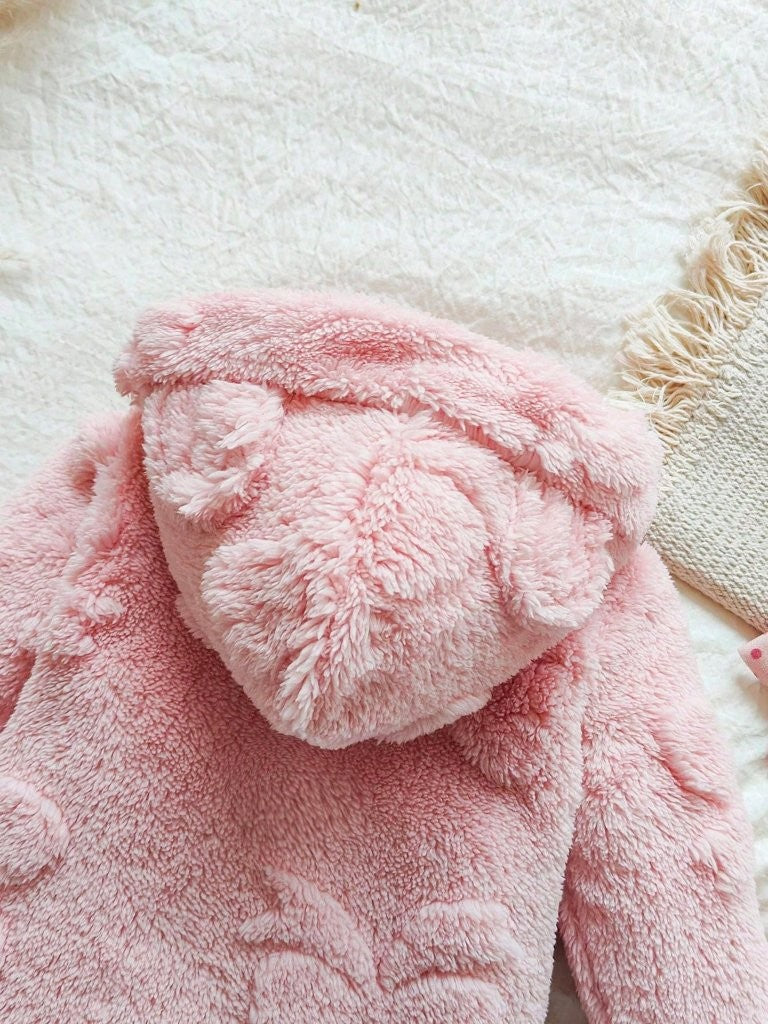 Baby Pink Bow Pattern Fluffy Hooded Jumpsuit