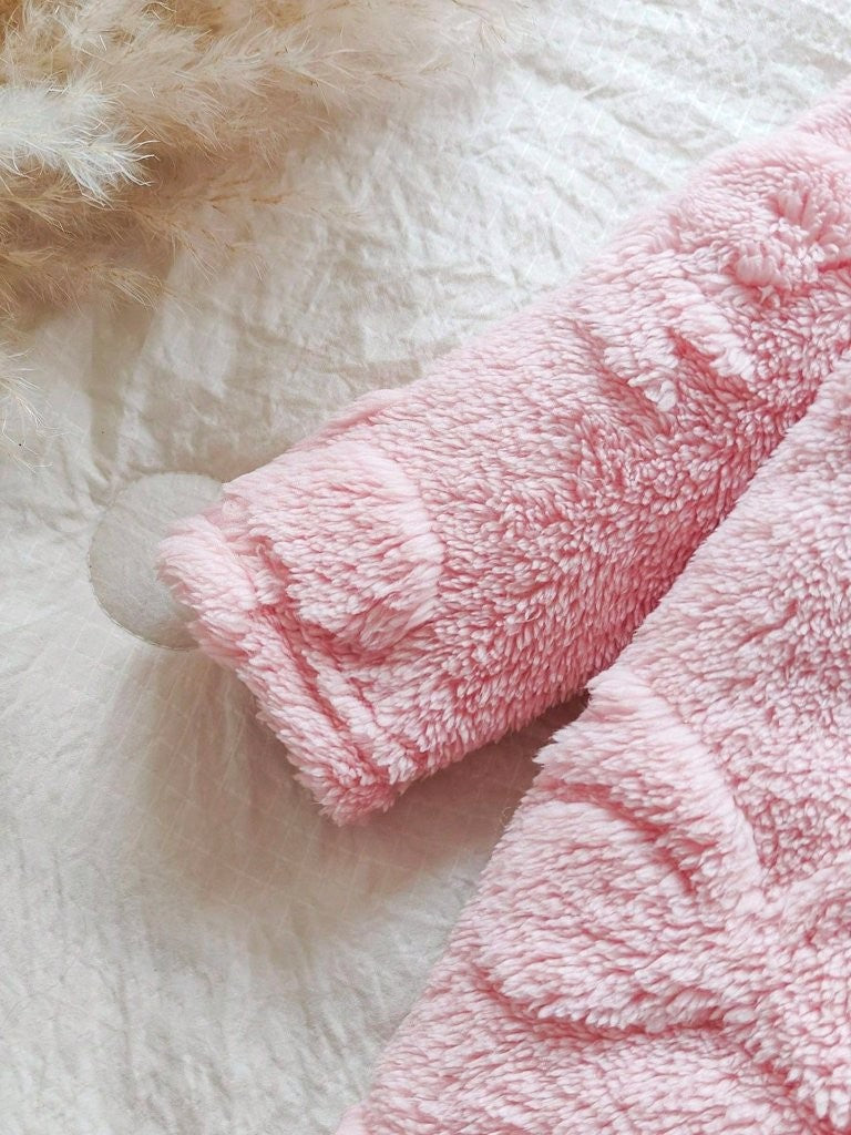 Baby Pink Bow Pattern Fluffy Hooded Jumpsuit