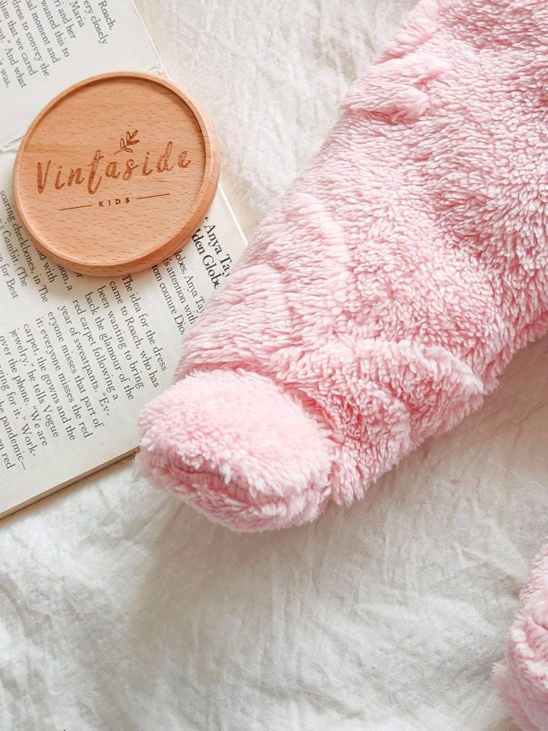 Baby Pink Bow Pattern Fluffy Hooded Jumpsuit