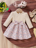 Baby Floral Pattern Ruffle Trim Bow Dress Apricot