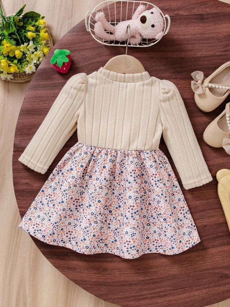 Baby Floral Pattern Ruffle Trim Bow Dress Apricot