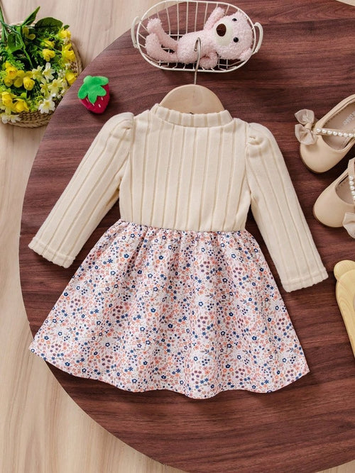 Baby Floral Pattern Ruffle Trim Bow Dress Apricot