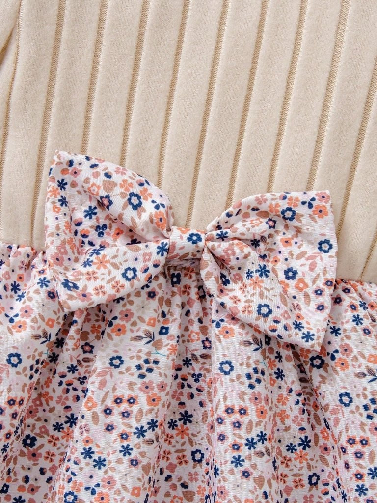 Baby Floral Pattern Ruffle Trim Bow Dress Apricot