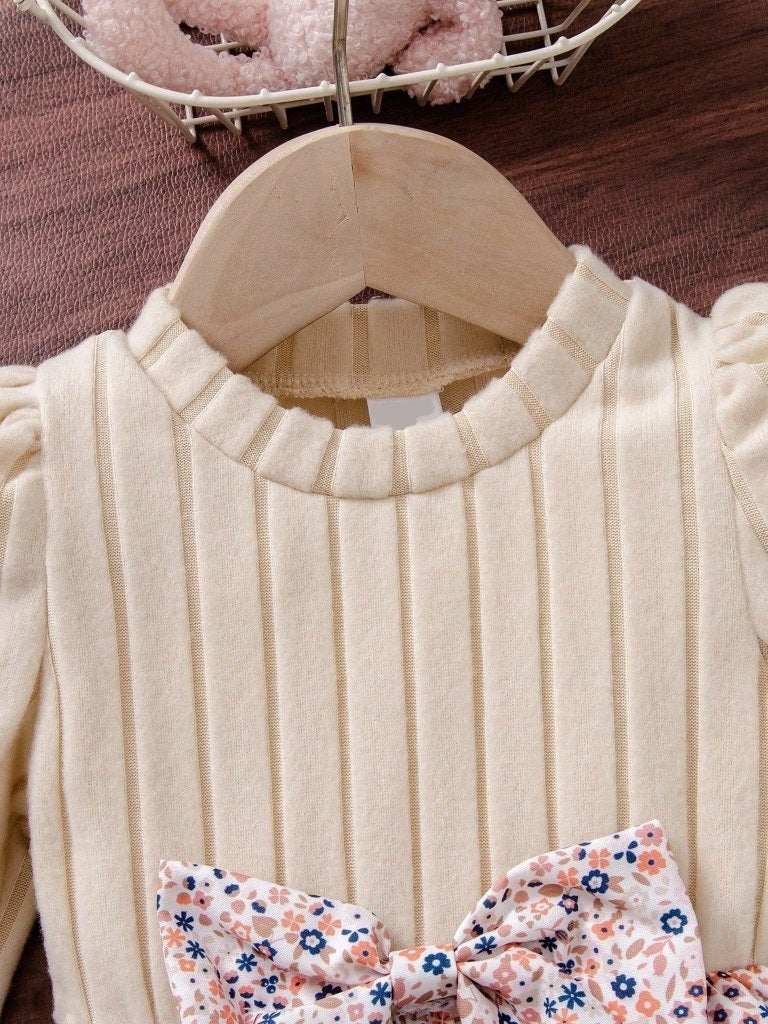 Baby Floral Pattern Ruffle Trim Bow Dress Apricot