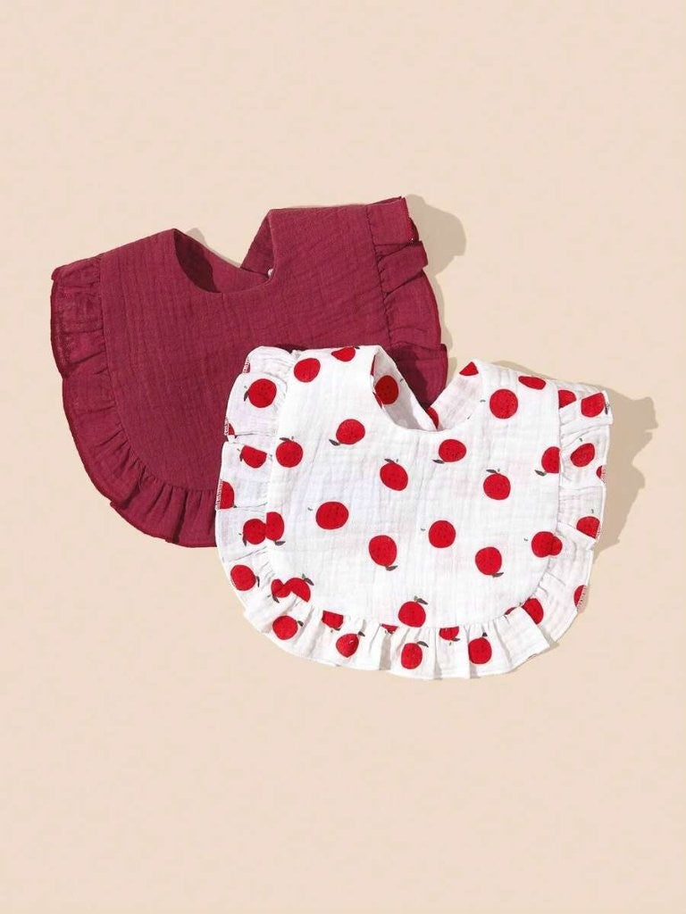 100% Cotton Stylish Ruffle Trim Bibs 2 Piece Cherry
