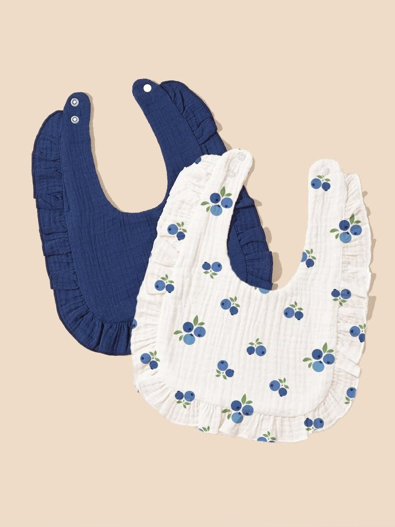 100% Cotton Stylish Ruffle Trim Bibs 2 Piece Blueberry
