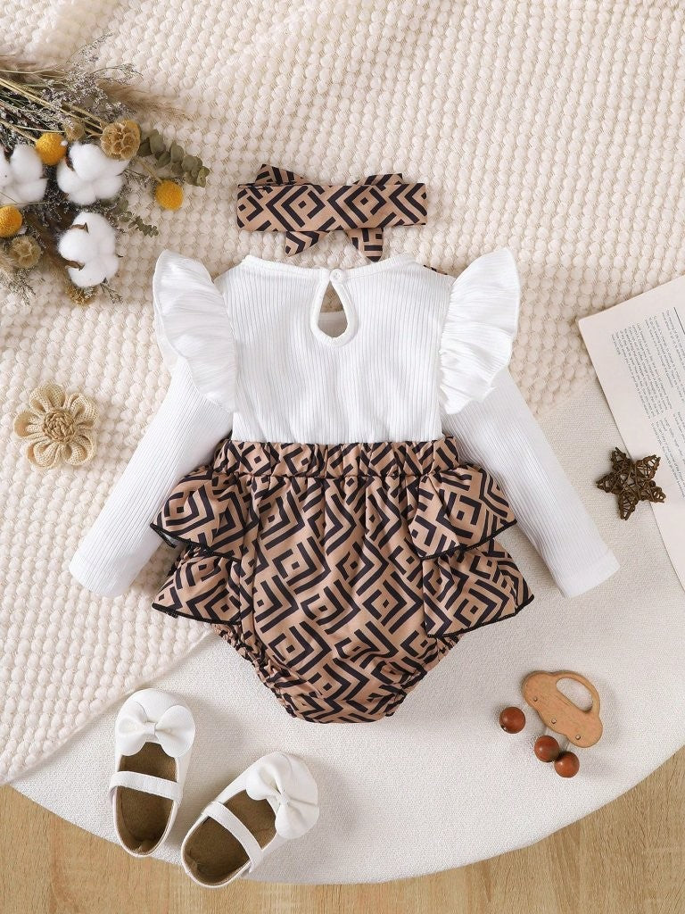 Baby Geometric Print Bodysuit Dress With Headband