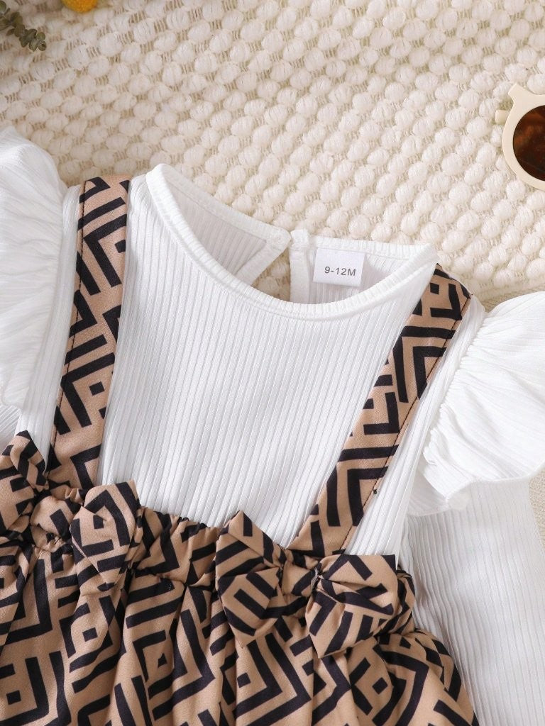 Baby Geometric Print Bodysuit Dress With Headband