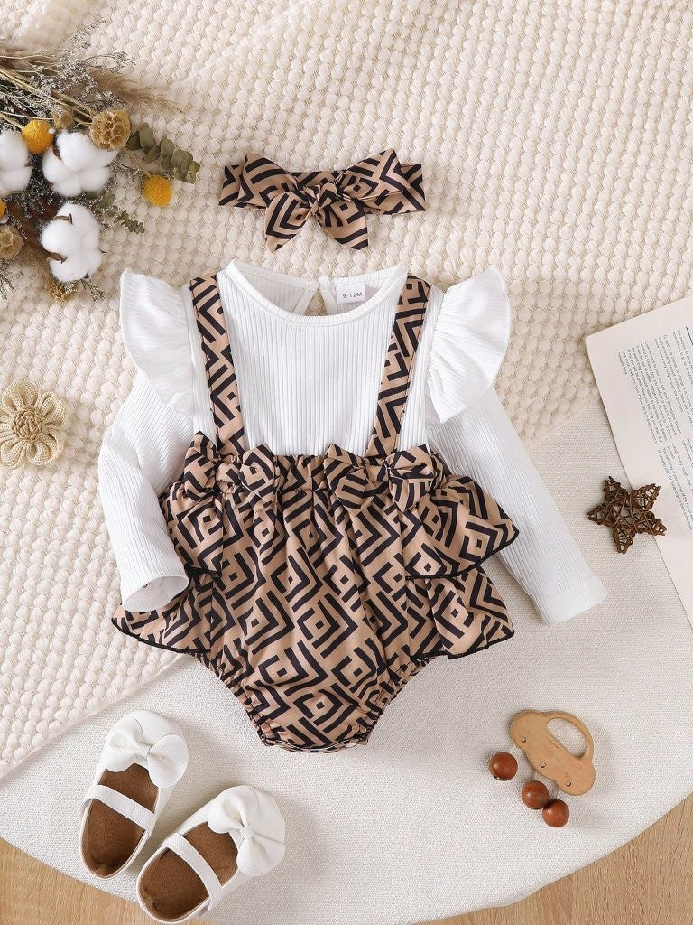 Baby Geometric Print Bodysuit Dress With Headband