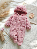 Baby Pink Heart Pattern Fluffy Hooded Jumpsuit