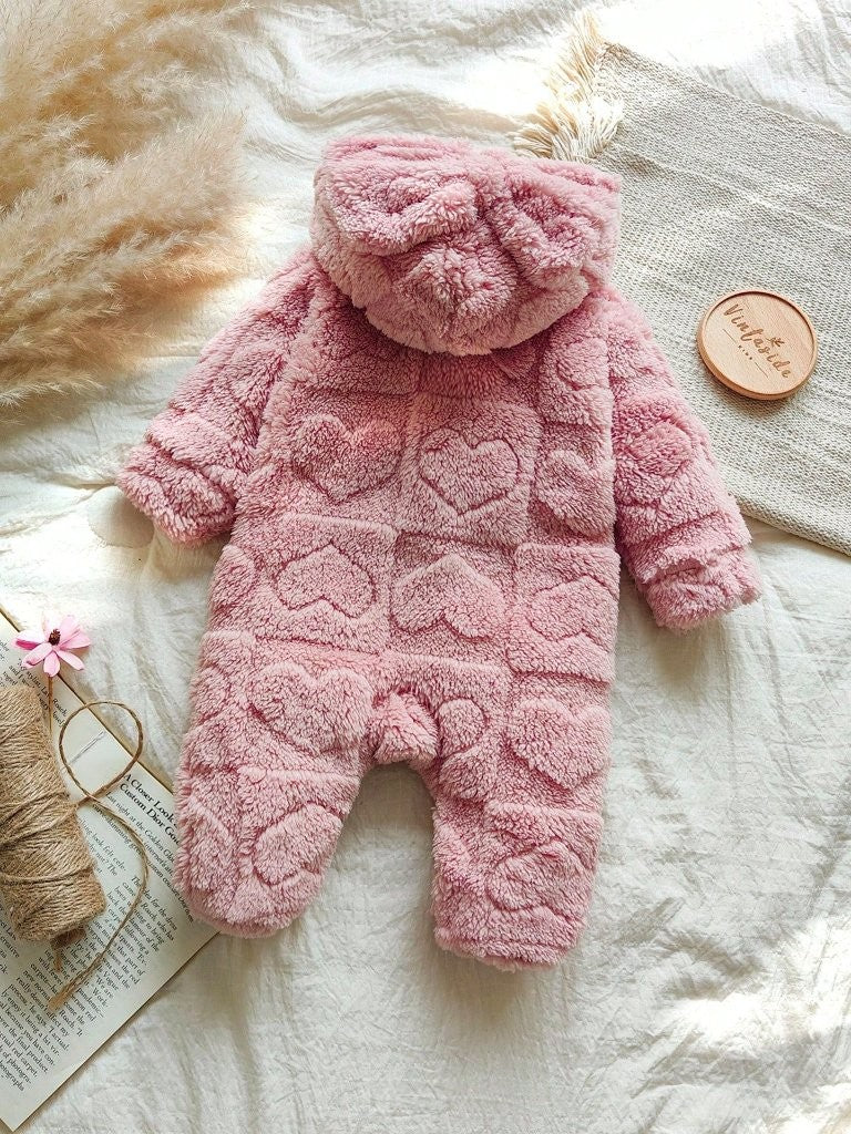 Baby Pink Heart Pattern Fluffy Hooded Jumpsuit