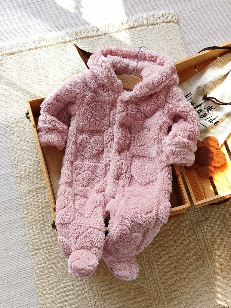 Baby Pink Heart Pattern Fluffy Hooded Jumpsuit