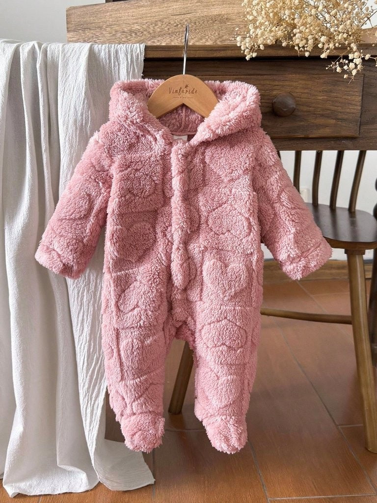 Baby Pink Heart Pattern Fluffy Hooded Jumpsuit