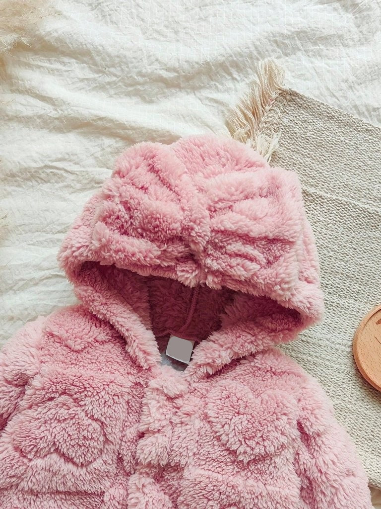 Baby Pink Heart Pattern Fluffy Hooded Jumpsuit