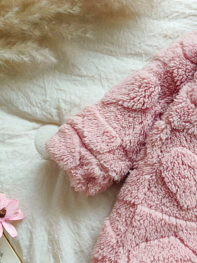 Baby Pink Heart Pattern Fluffy Hooded Jumpsuit