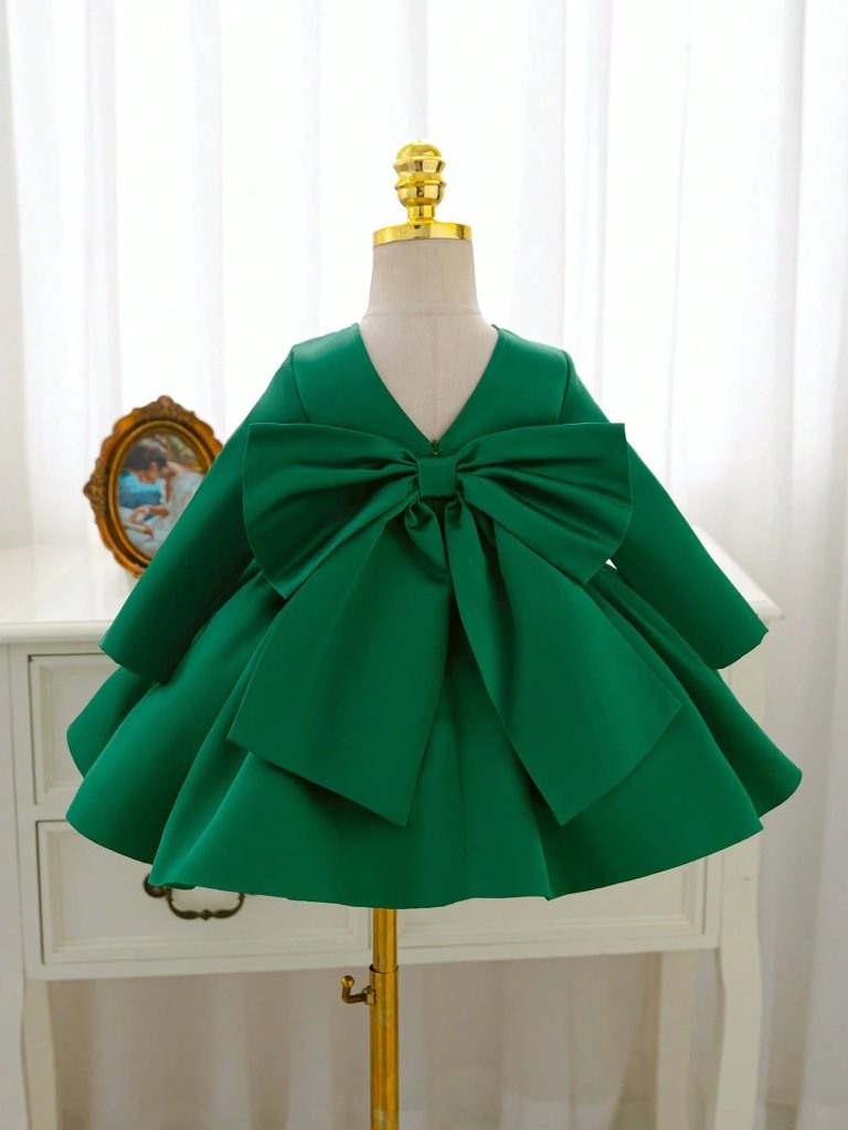 Baby Elegant Satin Olive Green Bow Dress