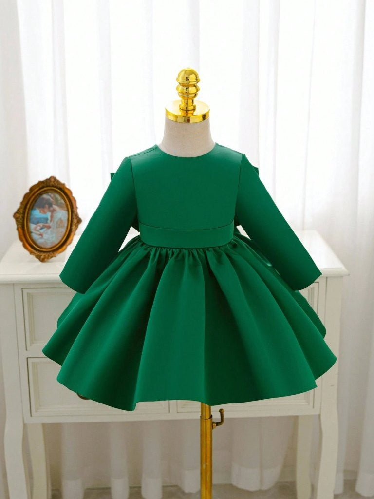 Baby Elegant Satin Olive Green Bow Dress